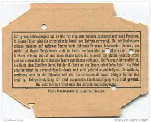 Deutschland - Berlin - Sammelkarte 1936 - Gültig für 5 Fahrten auf der Strassenbahn oder U-Bahn ohne Umsteigeberechtigun