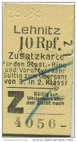 Deutschland - Berlin - Lehnitz 1937 10Rpf. - Zusatzkarte für den Stadt- Ring und Vorortverkehr - Gültig zum Übergang