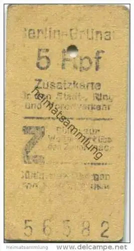 Deutschland - Berlin - Berlin-Grünau 5Rpf. - Zusatzkarte für den Stadt- Ring und Vorortverkehr - Gültig zum Übergang