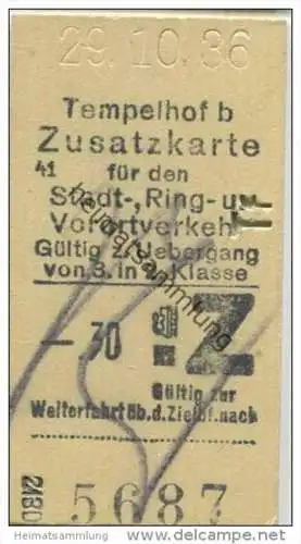 Deutschland - Berlin - Tempelhof 1936 -.30 - Zusatzkarte für den Stadt- Ring und Vorortverkehr - Gültig zum Übergang