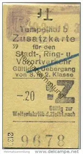 Deutschland - Berlin - Tempelhof 1938 -.20 - Zusatzkarte für den Stadt- Ring und Vorortverkehr - Gültig zum Übergang