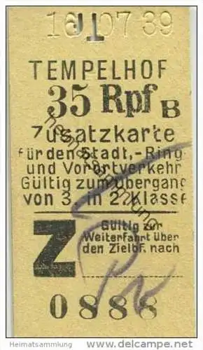 Deutschland - Berlin - Tempelhof 1939 35Rpf. - Zusatzkarte für den Stadt- Ring und Vorortverkehr - Gültig zum Überga