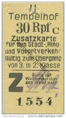 Deutschland - Berlin - Tempelhof 1935 30Rpf. - Zusatzkarte für den Stadt- Ring und Vorortverkehr - Gültig zum Überga