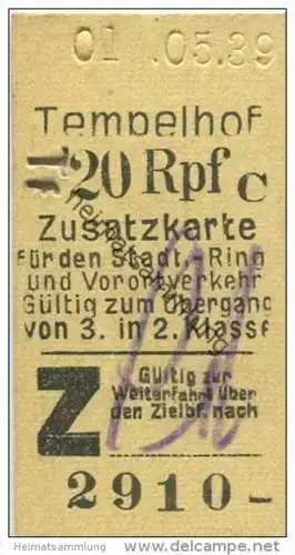 Deutschland - Berlin - Tempelhof 1939 20Rpf. - Zusatzkarte für den Stadt- Ring und Vorortverkehr - Gültig zum Überga