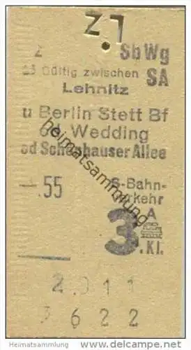 Deutschland - Berlin - Lehnitz und Stettiner Bahnhof oder Wedding oder Schönhauser Allee - S-Bahn Fahrkarte - 3. Klasse