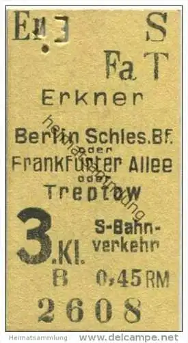 Deutschland - Berlin - Erkner Schlesischer Bahnhof oder Frankfurter Allee oder Treptow - S-Bahn Fahrkarte - 3. Klasse 0,