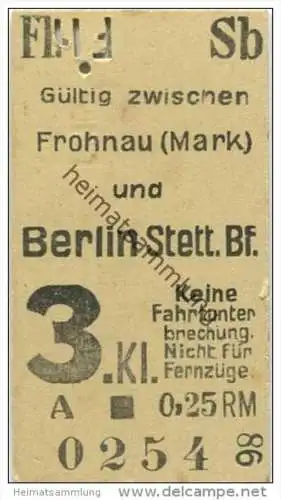 Deutschland - Berlin - Frohnau (Mark) und Stettiner Bahnhof - S-Bahn Fahrkarte - 3. Klasse 0,25RM