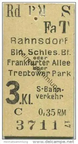 Deutschland - Berlin - Rahnsdorf Schlesischer Bahnhof oder Frankfurter Allee - S-Bahn Fahrkarte - 3. Klasse 0,35RM