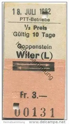 Schweiz - Schweizerische PTT-Betriebe - Goppenstein Wiler (L) - 1/2 Preis - 1982 Fahrkarte Fr. 3.-