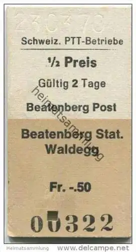 Schweiz - Schweizerische PTT-Betriebe - Beatenberg Post Beatenberg Station Waldegg - 1/2 Preis - 1970 Fahrkarte Fr. -.50