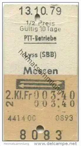 Schweiz - Schweizerische PTT-Betriebe - Lyss (SBB) Messen und zurück - 1/2 Preis - 1979 Fahrkarte Fr. 3.40