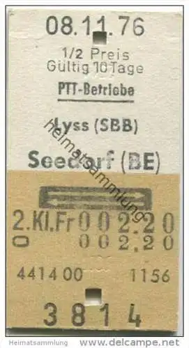 Schweiz - Schweizerische PTT-Betriebe - Lyss (SBB) Seedorf (BE) und zurück - 1/2 Preis - 1976 Fahrkarte Fr. 2.20