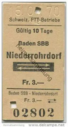 Schweiz - Schweizerische PTT-Betriebe - Baden SBB Niederrohrdorf und zurück - 1970 Fahrkarte Fr. 3.-