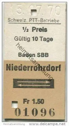 Schweiz - Schweizerische PTT-Betriebe - Baden SBB Niederrohrdorf und zurück - 1/2 Preis - 1970 Fahrkarte Fr. 1.50
