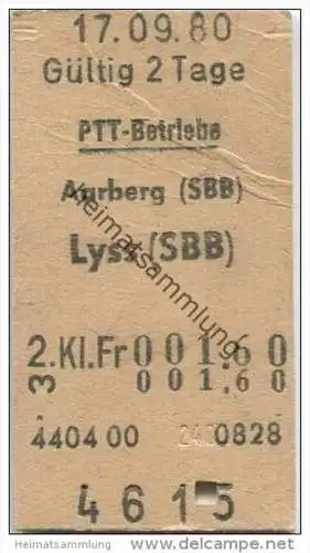 Schweiz - Schweizerische PTT-Betriebe - Aarberg (SBB) Lyss (SBB) - 1980 Fahrkarte Fr. 1.60