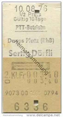 Schweiz - Schweizerische PTT-Betriebe - Davos Platz (RhB) Sertig Dörfli und zurück - 1/2 Preis - 1976 Fahrkarte Fr. 3.40