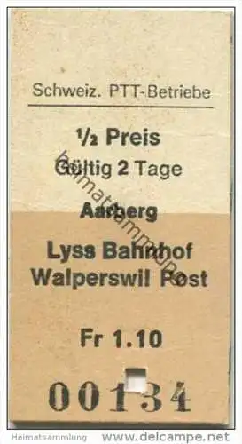 Schweiz - Schweizerische PTT-Betriebe - Aarberg Lyss Bahnhof Walperswil Post - 1/2 Preis - 1987 Fahrkarte Fr. 1.10