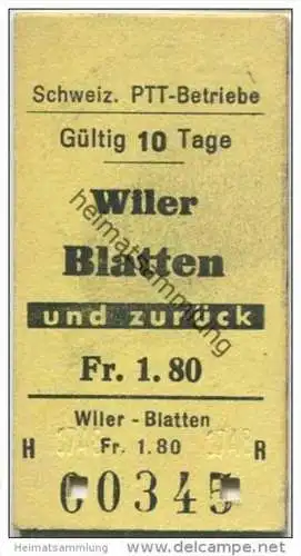 Schweiz - Schweizerische PTT-Betriebe - Wiler Blatten und zurück - 1964 Fahrkarte Fr. 1.80