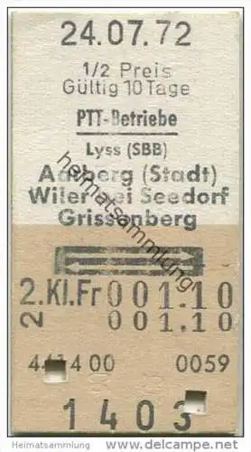 Schweiz - Schweizerische PTT-Betriebe - Lyss (SBB) Aarberg (Stadt) Wiler bei Seedorf Grissenberg und zurück - 1/2 Preis