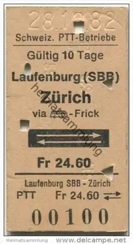 Schweiz - Schweizerische PTT-Betriebe - Laufenburg (SBB) Zürich - via Bus - Frick - und zurück - 1982 Fahrkarte Fr. 24.6