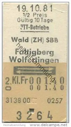 Schweiz - Schweizerische PTT-Betriebe - Wald (ZH) SBB Faltigberg Wolfertingen und zurück - 1/2 Preis - 1981 Fahrkarte