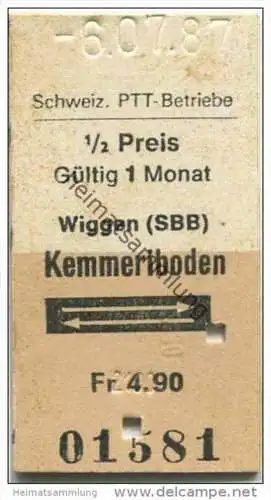 Schweiz - Schweizerische PTT-Betriebe - Wiggen (SBB) Kemmeriboden und zurück - 1/2 Preis - 1987 Fahrkarte Fr. 4.90