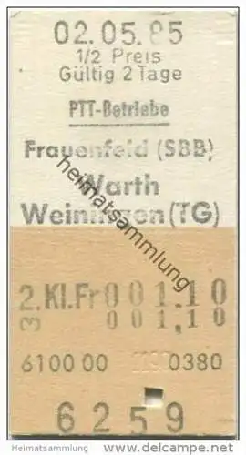 Schweiz - Schweizerische PTT-Betriebe - Frauenfeld (SBB) Warth Weiningen (TG) - 1/2 Preis - 1985 Fahrkarte