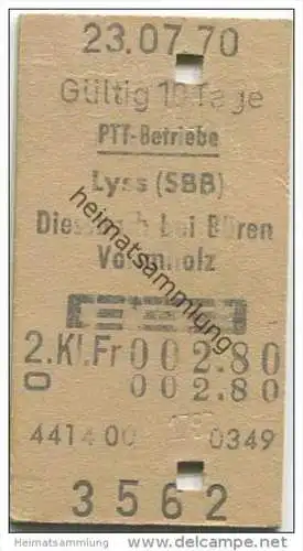 Schweiz - Schweizerische PTT-Betriebe - Lyss (SBB) Diessbach bei Büren Vorimholz und zurück - 1970 Fahrkarte Fr. 2.80