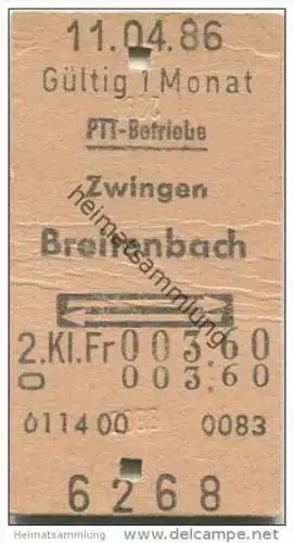 Schweiz - Schweizerische PTT-Betriebe - Zwingen Breitenbach und zurück - 1986 Fahrkarte Fr. 3.60