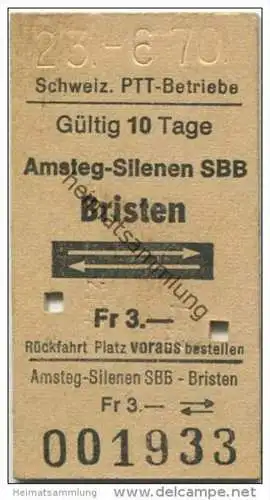 Schweiz - Schweizerische PTT-Betriebe - Amsteg-Silenen SBB Bristen und zurück - 1970 Fahrkarte Fr. 3.-