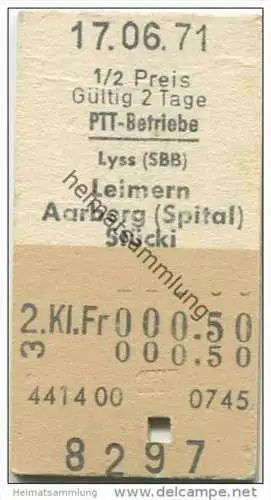 Schweiz - Schweizerische PTT-Betriebe - Lyss SBB Leimern Aarberg (Spital) Stücki - 1/2 Preis - 1971 Fahrkarte