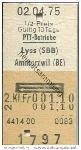 Schweiz - Schweizerische PTT-Betriebe - Lyss (SBB) Ammerzwil (BE) - 1/2 Preis - 1975 Fahrkarte Fr. 1.10