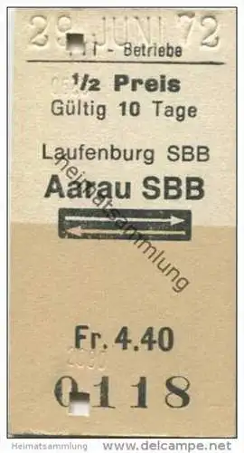 Schweiz - Schweizerische PTT-Betriebe - Laufenburg SBB Aarau SBB und zurück - 1/2 Preis - 1972 Fahrkarte