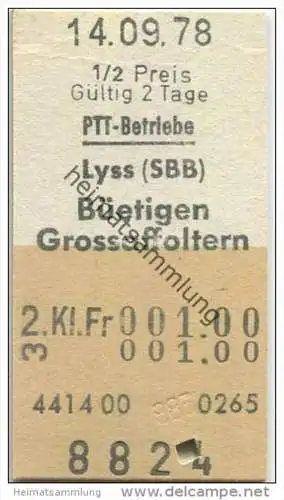 Schweiz - Schweizerische PTT-Betriebe - Lyss (SBB) Büetigen Grossaffoltern - 1/2 Preis - 1978 Fahrkarte