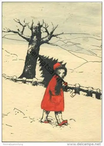 Mädchen mit Tannenbaum im Schnee - Künstlerkarte Hanna Nagel - geschrieben von Irene Fischer-nagel und Hanna Nagel