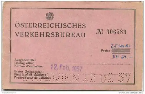 Österreich - Österreichisches Verkehrsbüro - Fahrkarte 2. Klasse 1957 - Inhalt: Wien Westbf.-Salzburg Hbf. Hin- und Rück