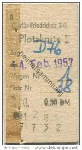 Deutschland - Platzkarte für D76 1957  - Berlin-Friedrichstrasse - 2. Klasse 0.50DM