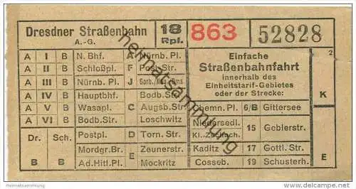 Deutschland - Dresden - Dresdner Strassenbahn AG - Fahrschein 18Rpf. - Einfache Strassenbahnfahrt - rückseitig Werbung Z