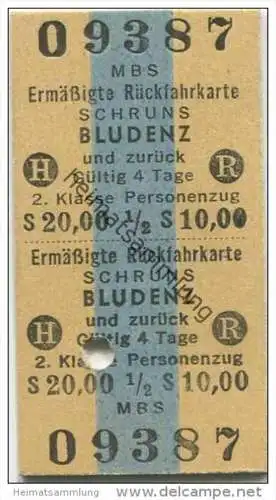 Österreich - MBS Montafonerbahn - Ermäßigte Rückfahrkarte Schruns-Bludenz und zurück S 20,00 - 2. Klasse 1973