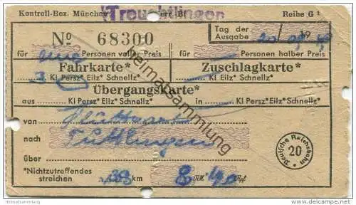 Deutschland - Fahrkarte von Stuttgart nach Tuttlingen 1949 3. Klasse Personenzug - 8RM 40Rpf. - Kontroll-Bezirk Treuchtl
