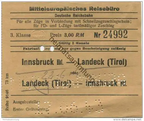 Österreich - Mitteleuropäisches Reisebüro - Deutsche Reichsbahn 1943 - Innsbruck Hbf. Landeck (Tirol) 3. Klasse - Preis