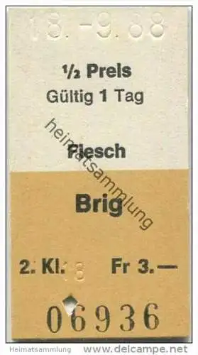 Schweiz - Fiesch Brig MGB Matterhorn-Gotthard-Bahn - 1/2 Preis - 1988 Fahrkarte Fr. 3.-