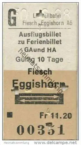 Schweiz - Fiesch Eggishorn und zurück - Luftseilbahn - Ausflugsbillet zu Ferienbillet GA und HA - 1968 Fahrkarte Fr. 11.