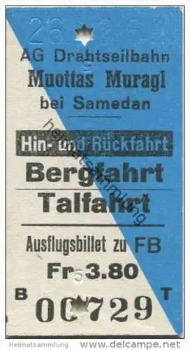 Schweiz - Muottas Muragl bei Samedan - Berg- und Talfahrt - AG Drahtseilbahn - Ausflugsbillet zu FB - 1966 Fahrkarte Fr.