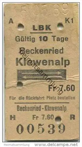 Schweiz - Beckenried Klewenalp und zurück - LBK Luftseilbahn - 1969 Fahrkarte Fr. 7.60 - Für die Rückfahrt Platz bestell