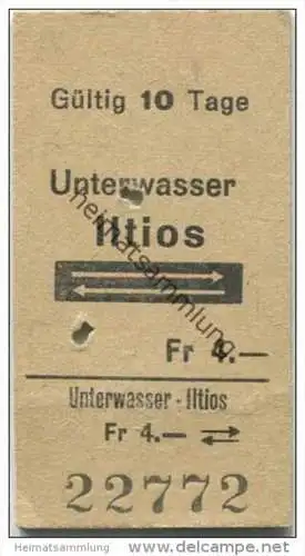 Schweiz - Unterwasser Iltios und zurück - Drahtseilbahn - Fahrkarte Fr. 4.-