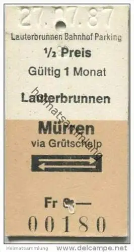 Schweiz - Lauterbrunnen Bahnhof Parking - Lauterbrunnen Mürren via Grütschalp - Standseilbahn - 1987 Fahrkarte