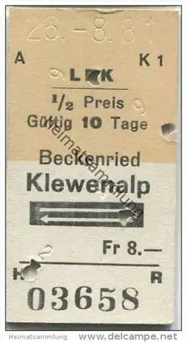 Schweiz - Beckenried Klewenalp und zurück LBK Luftseilbahn - 1981 Fahrkarte Fr. 8.-