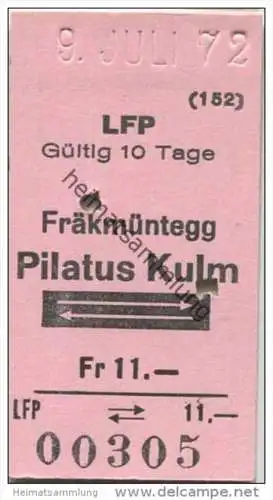 Schweiz - Fräkmüntegg Pilatus Kulm und zurück - LFP Luftseilbahn - 1972 Fahrkarte Fr. 11.-