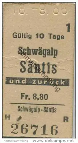 Schweiz - Schwägalp Säntis und zurück - Säntis Schwebebahn AG - 1966 Fahrkarte Fr. 8.80